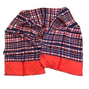 Vintage Plaid Rectangle Scarf Red Fringe Trim Lightweight Acetate Neck Wrap